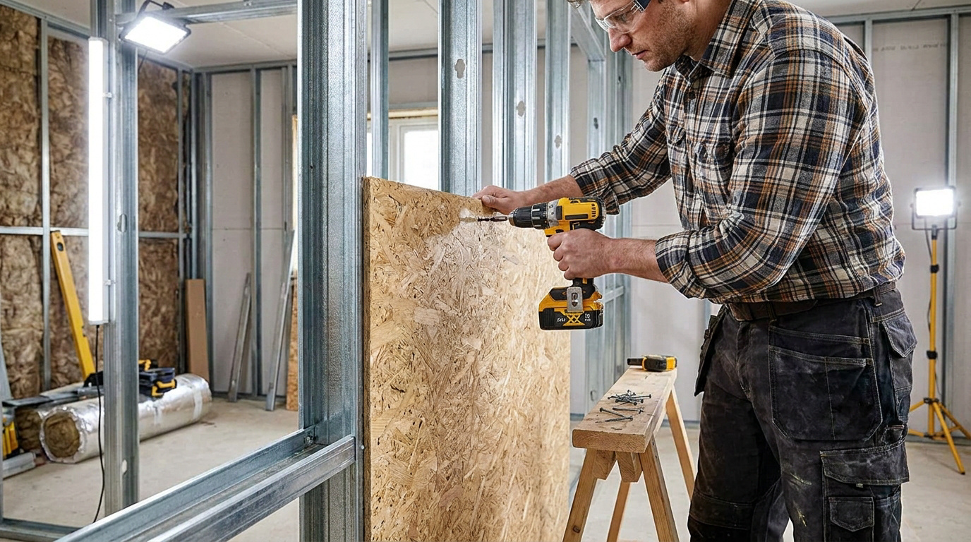Artisan utilisant une visseuse pour fixer un panneau OSB sur une ossature métallique dans une pièce en rénovation.
