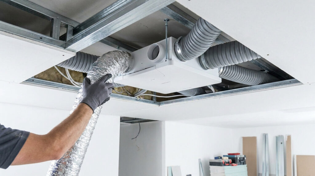 Un technicien installe un caisson de VMC plat et ses gaines souples dans l'ossature métallique d'un faux plafond.