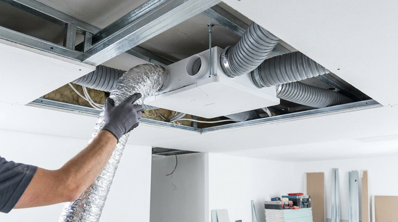 Un technicien installe un caisson de VMC plat et ses gaines souples dans l'ossature métallique d'un faux plafond.