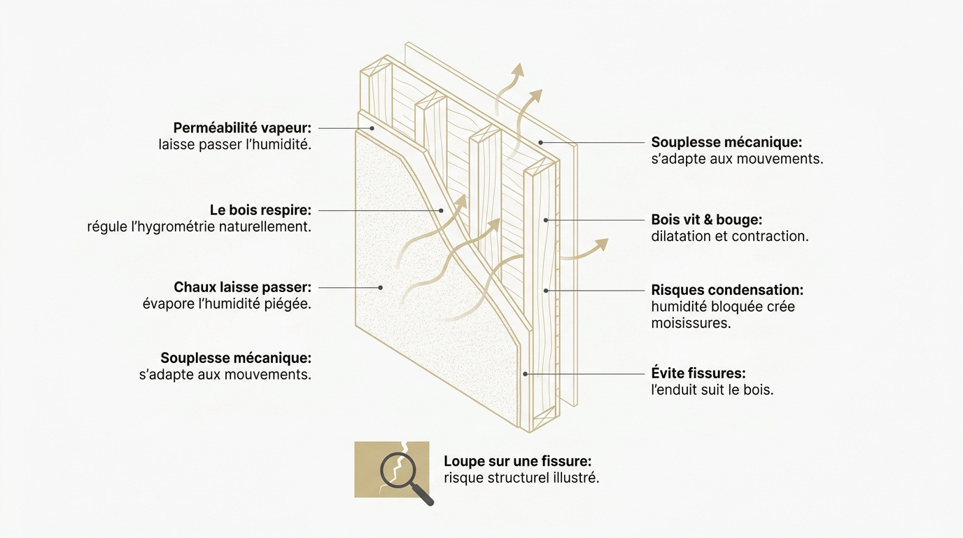 Coupe technique d'un mur en ossature bois avec enduit à la chaux montrant la diffusion de la vapeur d'eau