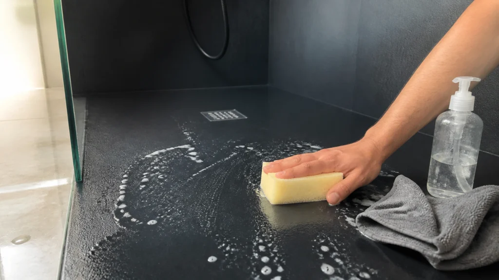 Illustration éditoriale pour l’article « Comment nettoyer votre douche en résine noire sans l'abîmer »