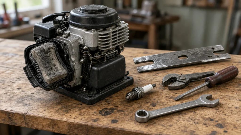 Moteur de tondeuse, filtre à air, bougie et outils sur un établi