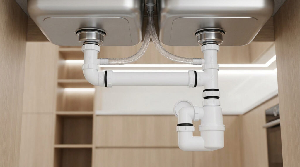 Vue sous un évier double montrant les tuyaux de vidange en PVC blanc et les siphons installés dans un meuble de cuisine.