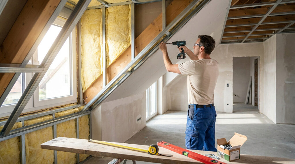 Un ouvrier utilisant une perceuse sans fil pour fixer une ossature métallique sur un plafond en pente dans des combles.