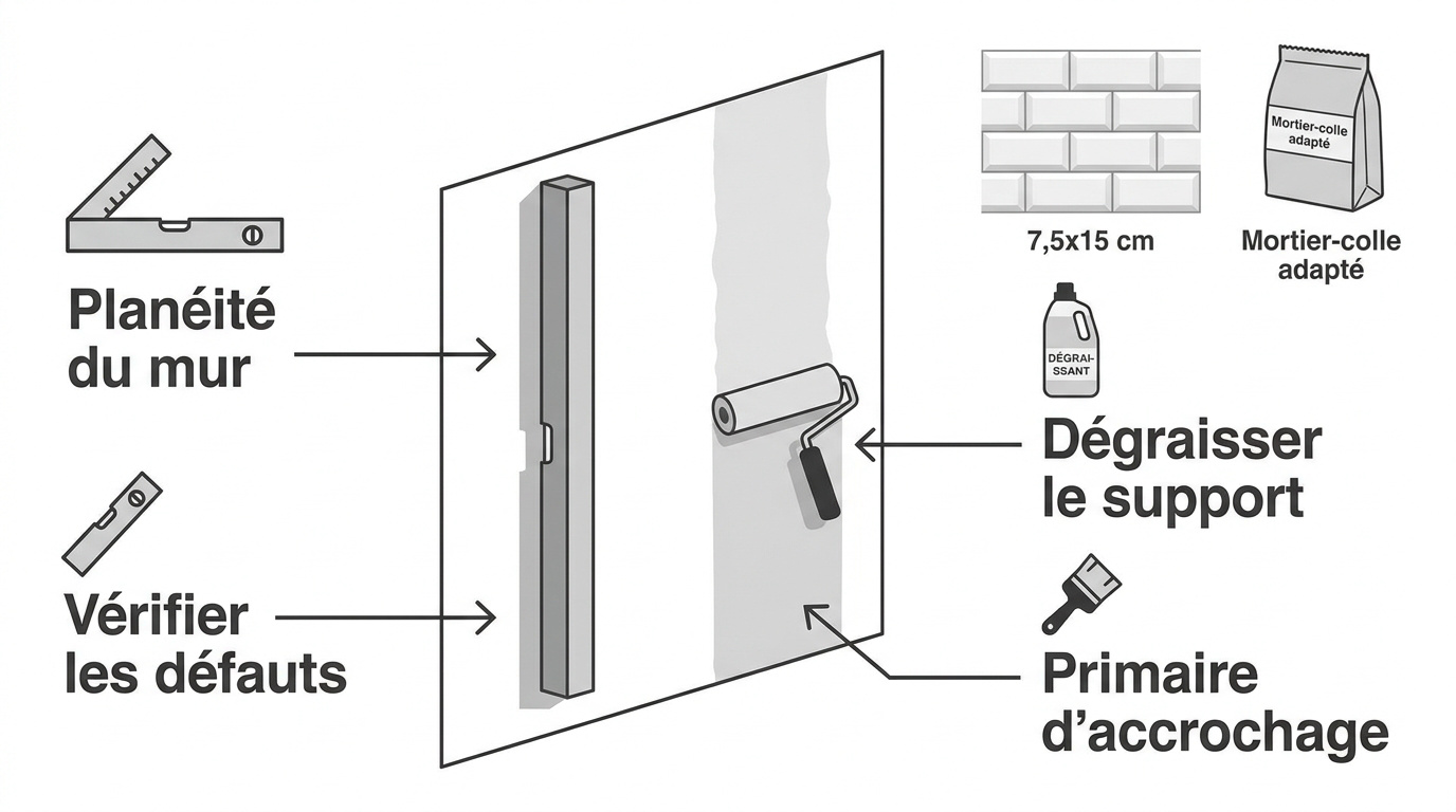 Vérification de la planéité du mur avant la pose de carrelage métro