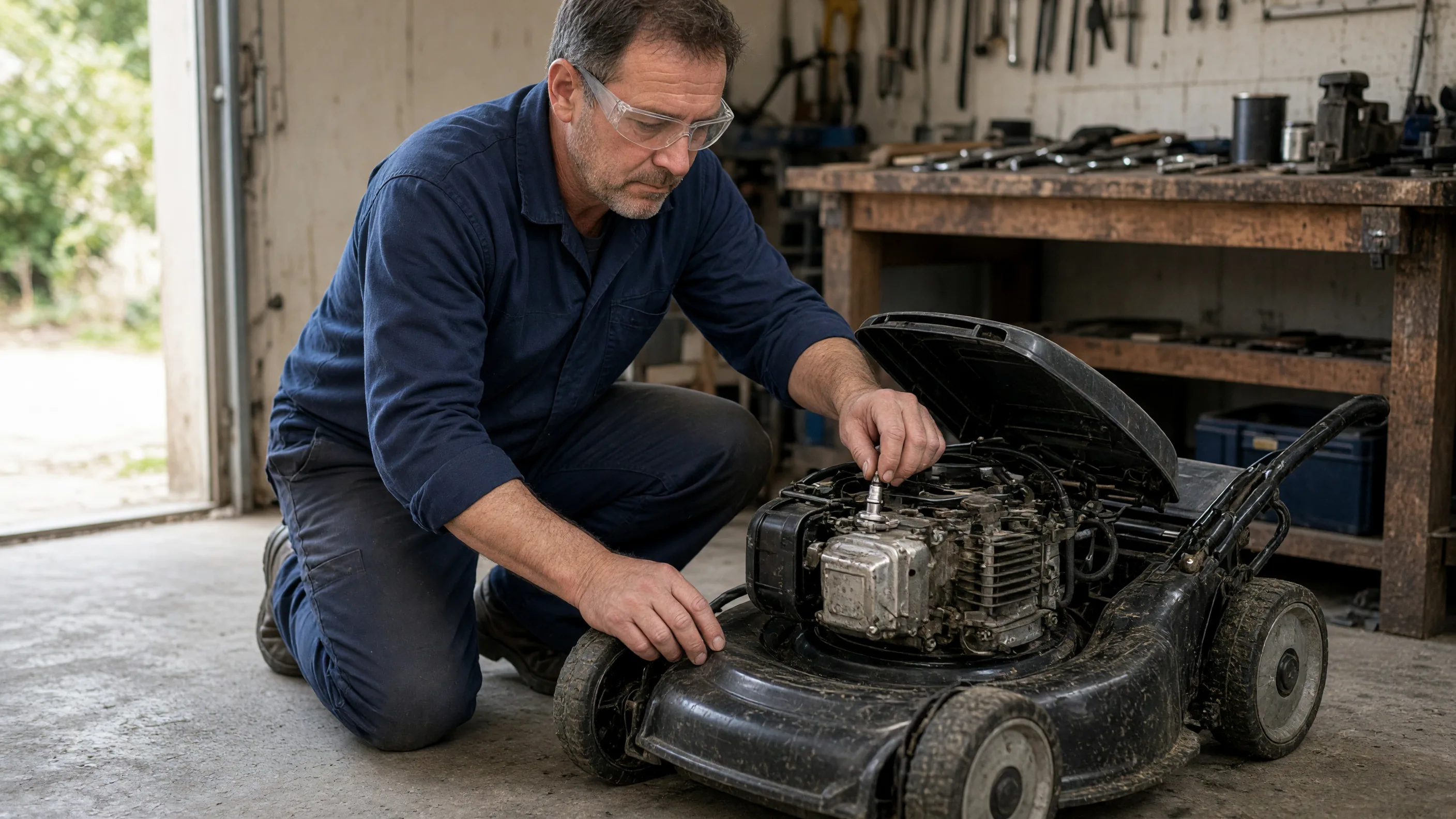 Homme réparant une tondeuse thermique dans un garage, capot moteur ouvert