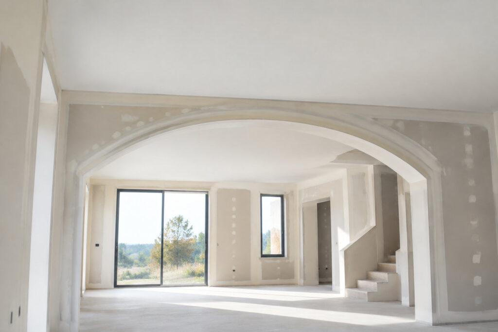 Intérieur d'une maison en construction avec une arche en placoplâtre et des murs enduits avant peinture.