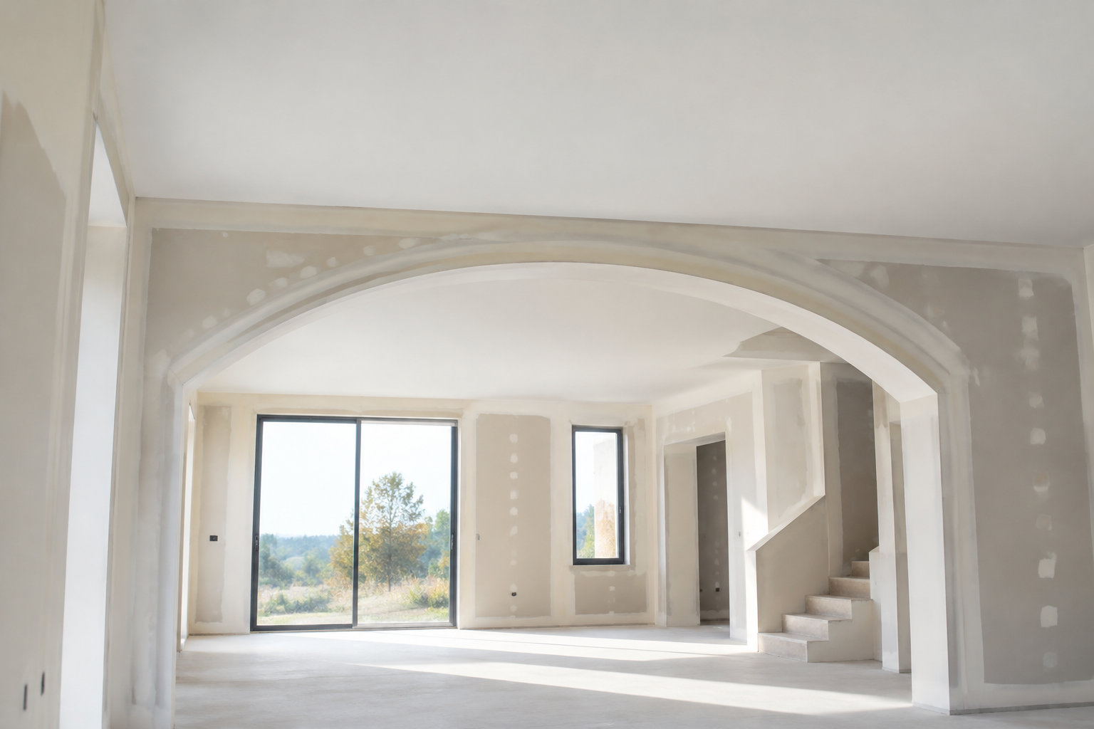 Intérieur d'une maison en construction avec une arche en placoplâtre et des murs enduits avant peinture.