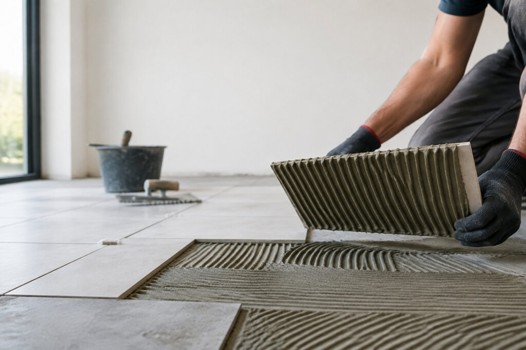 Un artisan pose un carreau avec de la colle striée sur le sol et au dos du carreau.