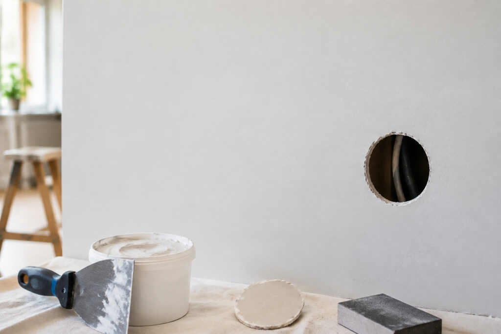 Un trou circulaire fait à la scie-cloche dans un mur en plâtre avec du mastic, une spatule et une cale à poncer devant.