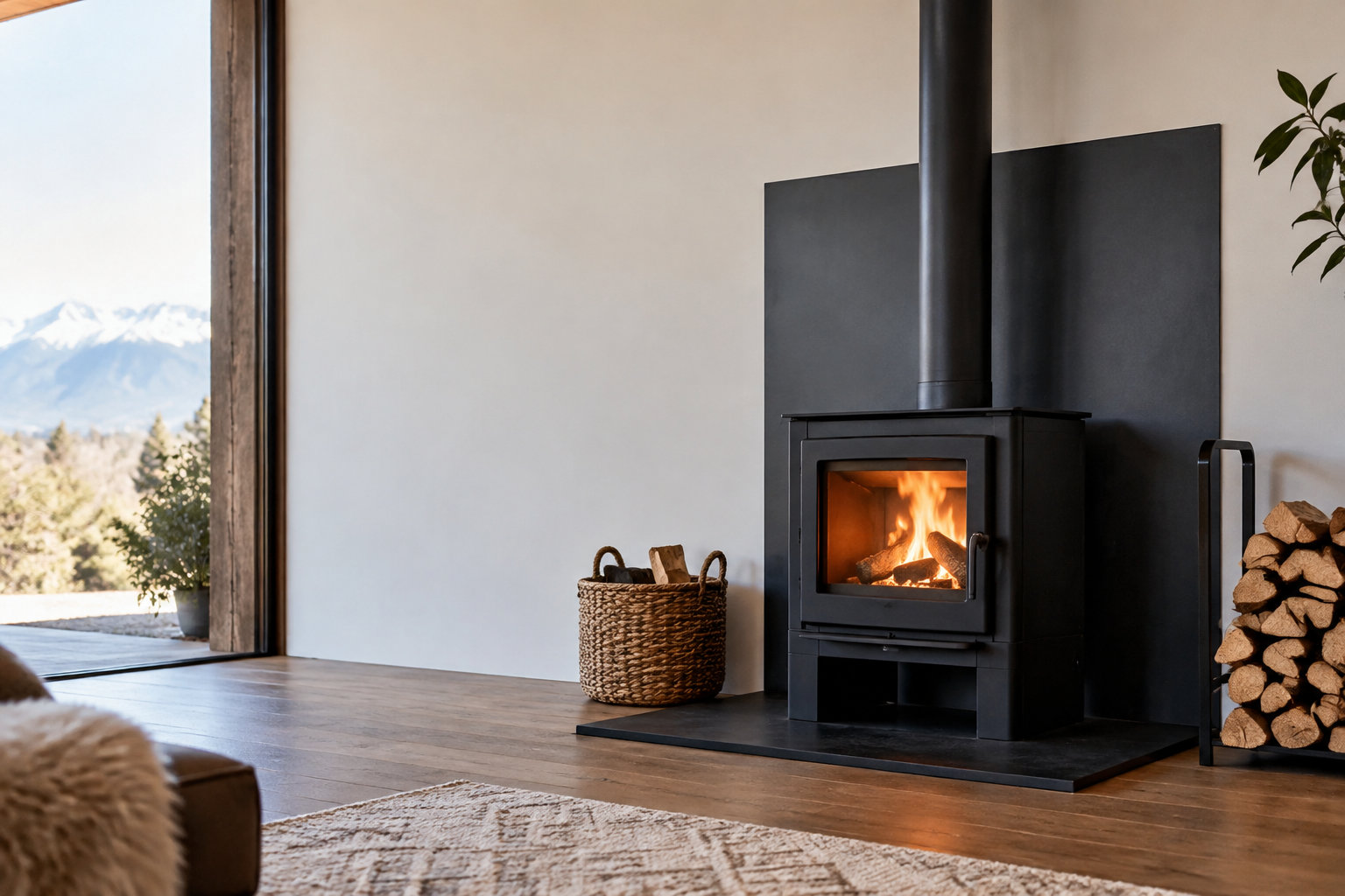 Poêle à bois moderne avec plaque de protection noire sur un mur blanc dans un salon contemporain avec vue sur montagnes.