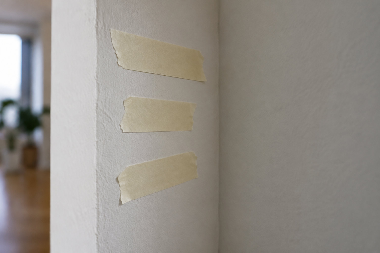 Trois bandes de ruban adhésif beige sont collées verticalement sur un mur blanc, avec une pièce lumineuse floue en arrière-plan.