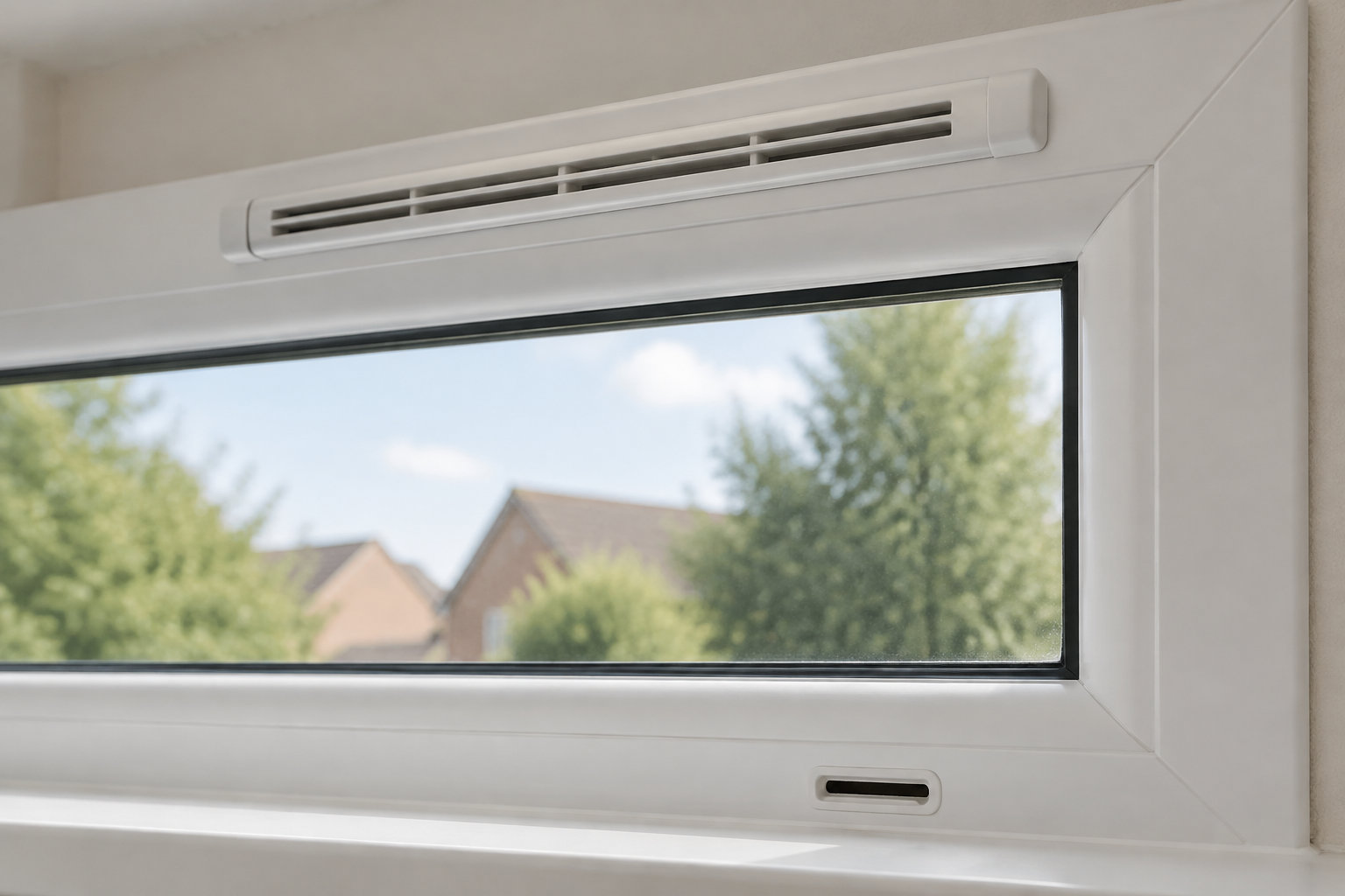 Une fenêtre blanche avec une grille d’aération intégrée est vue de l’intérieur, avec des arbres et des maisons flous à l’extérieur.