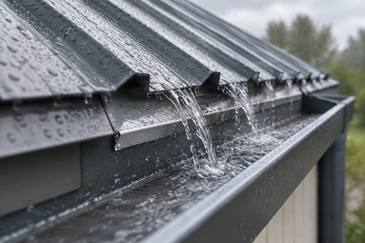 De l’eau de pluie s’écoule d’un toit métallique dans une gouttière.