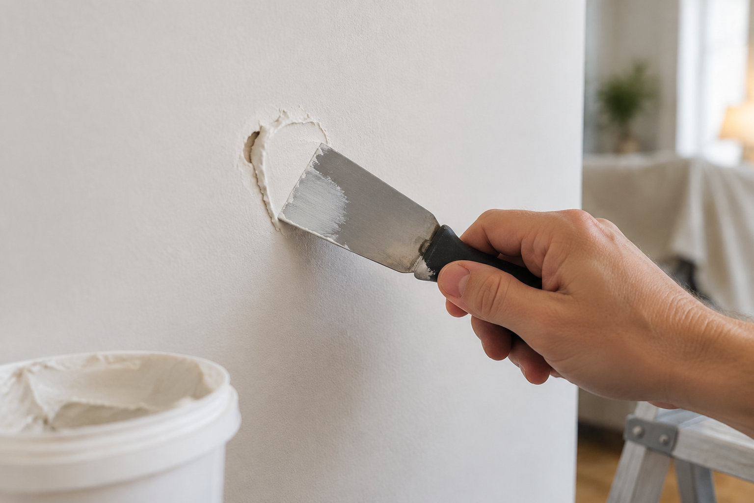 Une main applique de l’enduit sur un mur blanc avec un couteau à enduire, près d’un seau d’enduit et d’un escabeau.