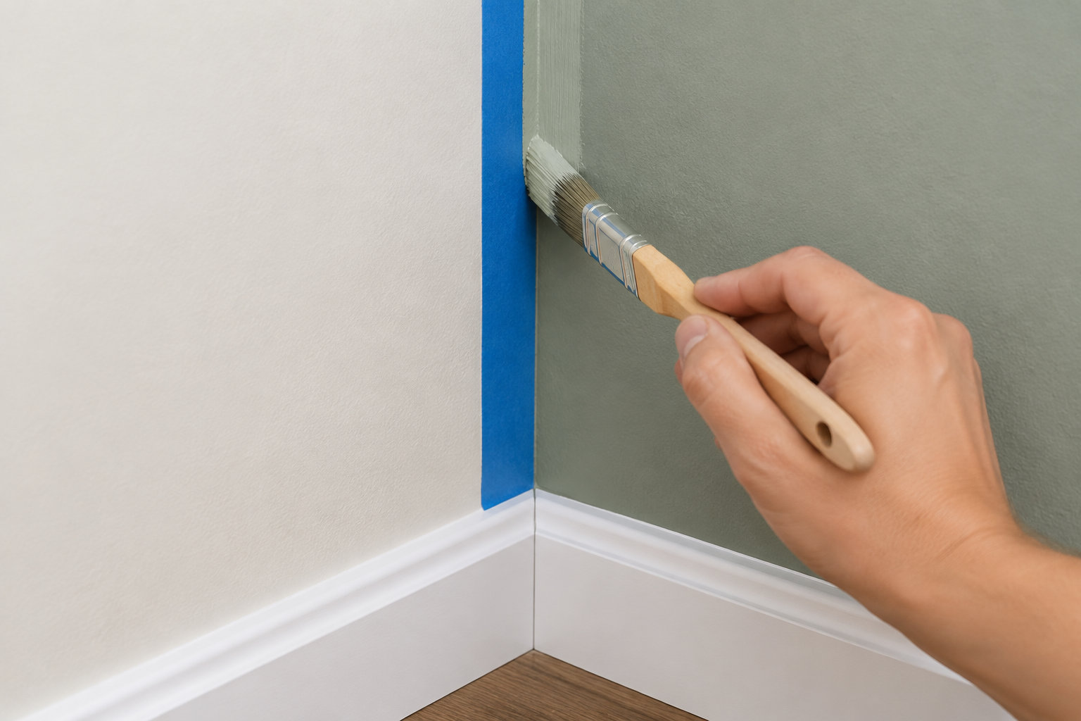 Une main applique de la peinture grise au pinceau dans un angle de mur, le long d’une bande de ruban adhésif bleu, au-dessus d’une plinthe blanche.