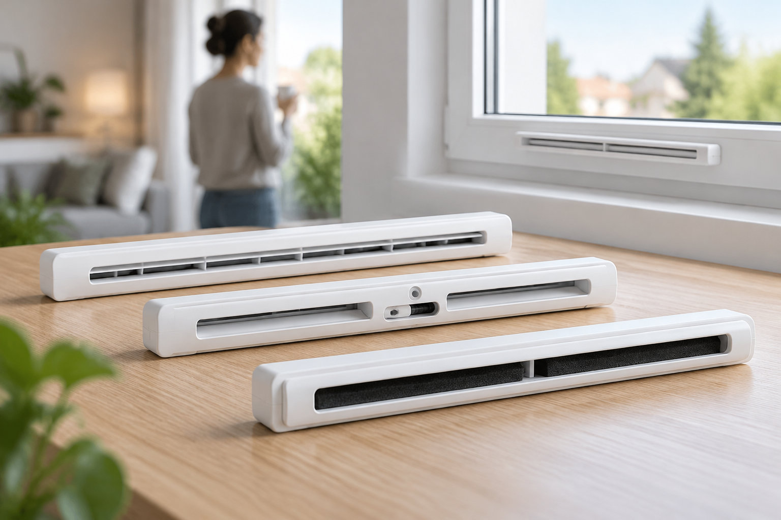 Trois dispositifs de ventilation blancs sont posés sur une table en bois, près d’une fenêtre, tandis qu’une personne se tient à l’arrière-plan.