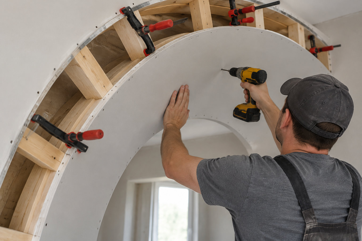 Un homme fixe une plaque blanche sur une structure en bois courbe à l’aide d’une perceuse, tandis que des serre-joints la maintiennent en place.