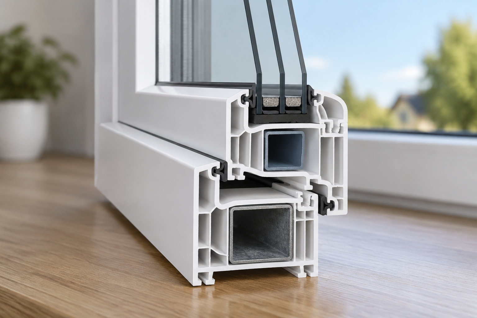 Une coupe transversale d’un cadre de fenêtre en PVC blanc, avec plusieurs cavités et renforts métalliques, est posée sur un plancher en bois devant une fenêtre donnant sur un jardin.