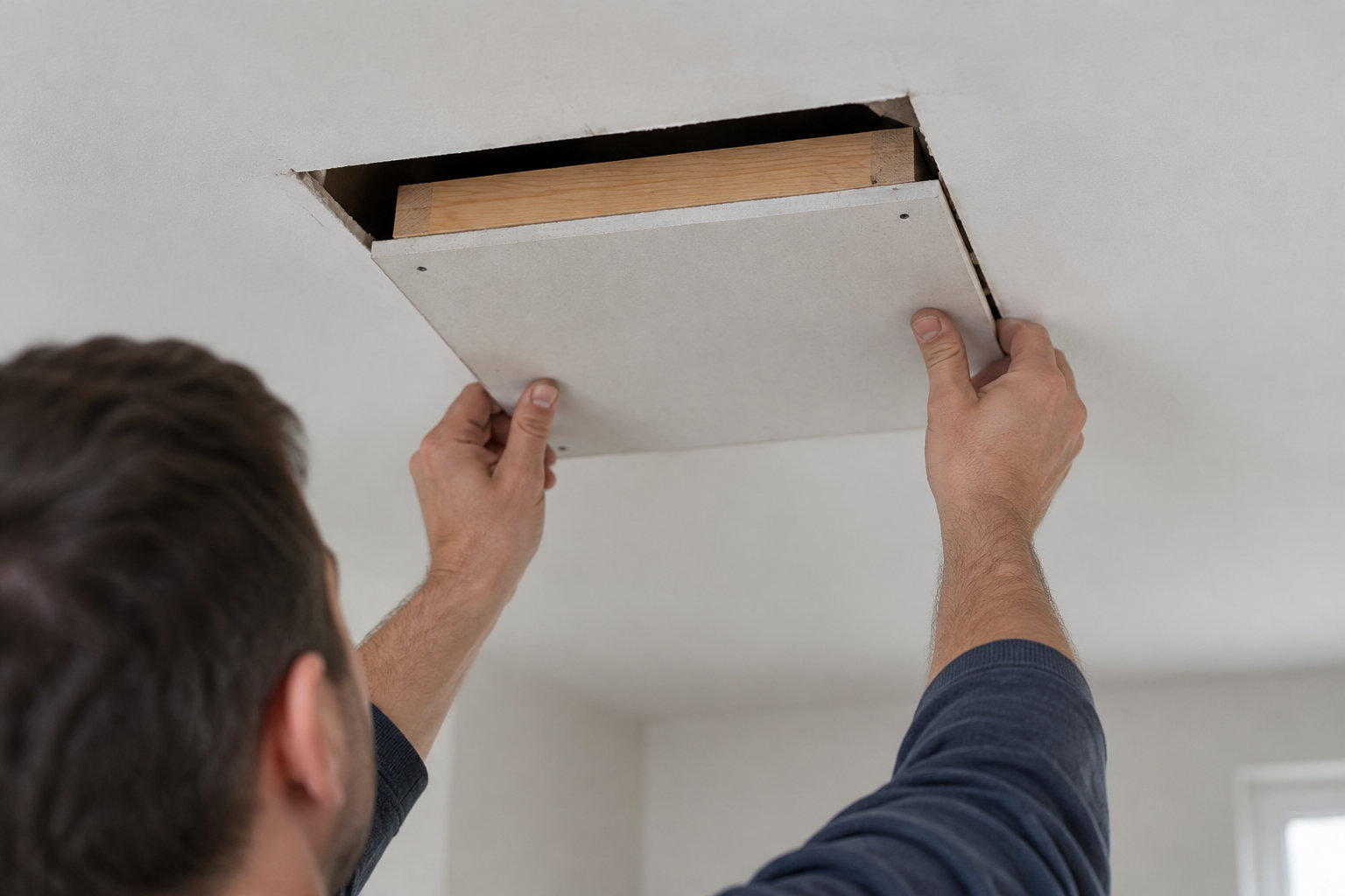 Un homme tient une plaque contre une ouverture dans un plafond, avec une pièce de bois visible derrière.
