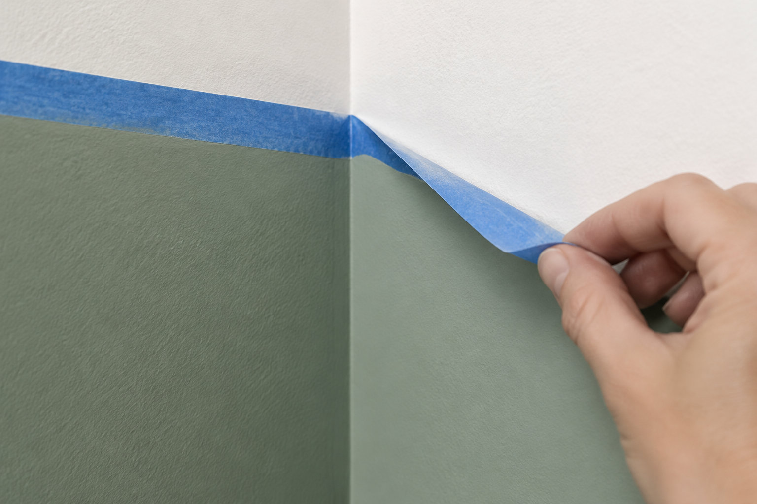 Une main décolle un ruban de masquage bleu posé entre deux surfaces murales, l’une blanche et l’autre vert grisâtre.