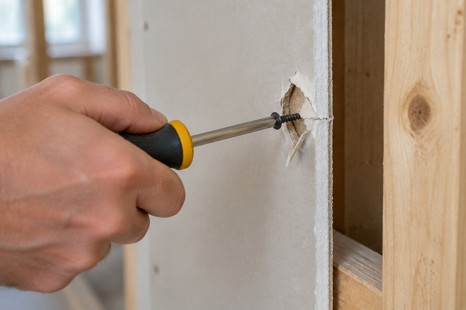 Une main utilise un tournevis pour visser une vis dans une plaque de plâtre près d’une ossature en bois.